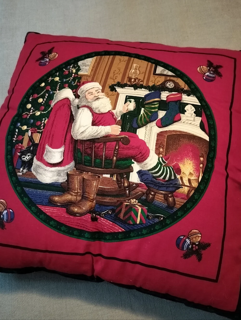 VTG 90's Christmas Santa Claus Throw Pillow Rocking Chair Stockings 15